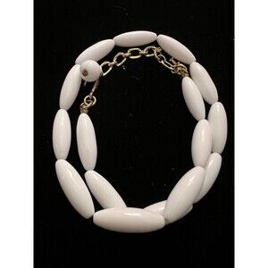 Vtg Trifari White Beaded Double Wrap Bracelet 12.5-14.5"  w/ Goldtone Metal